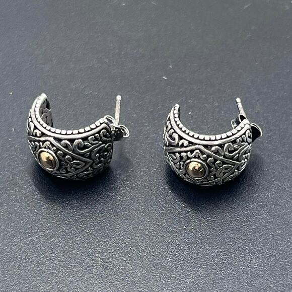 NF Signed 925 Bali Crafted Floral Half Hoop Pierced Earrings Gold Accent - Picture 3 of 10